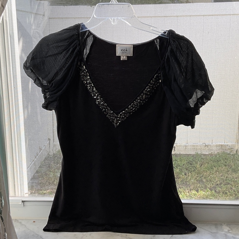 ECI Black Sheer Sleeve Beaded Blouse